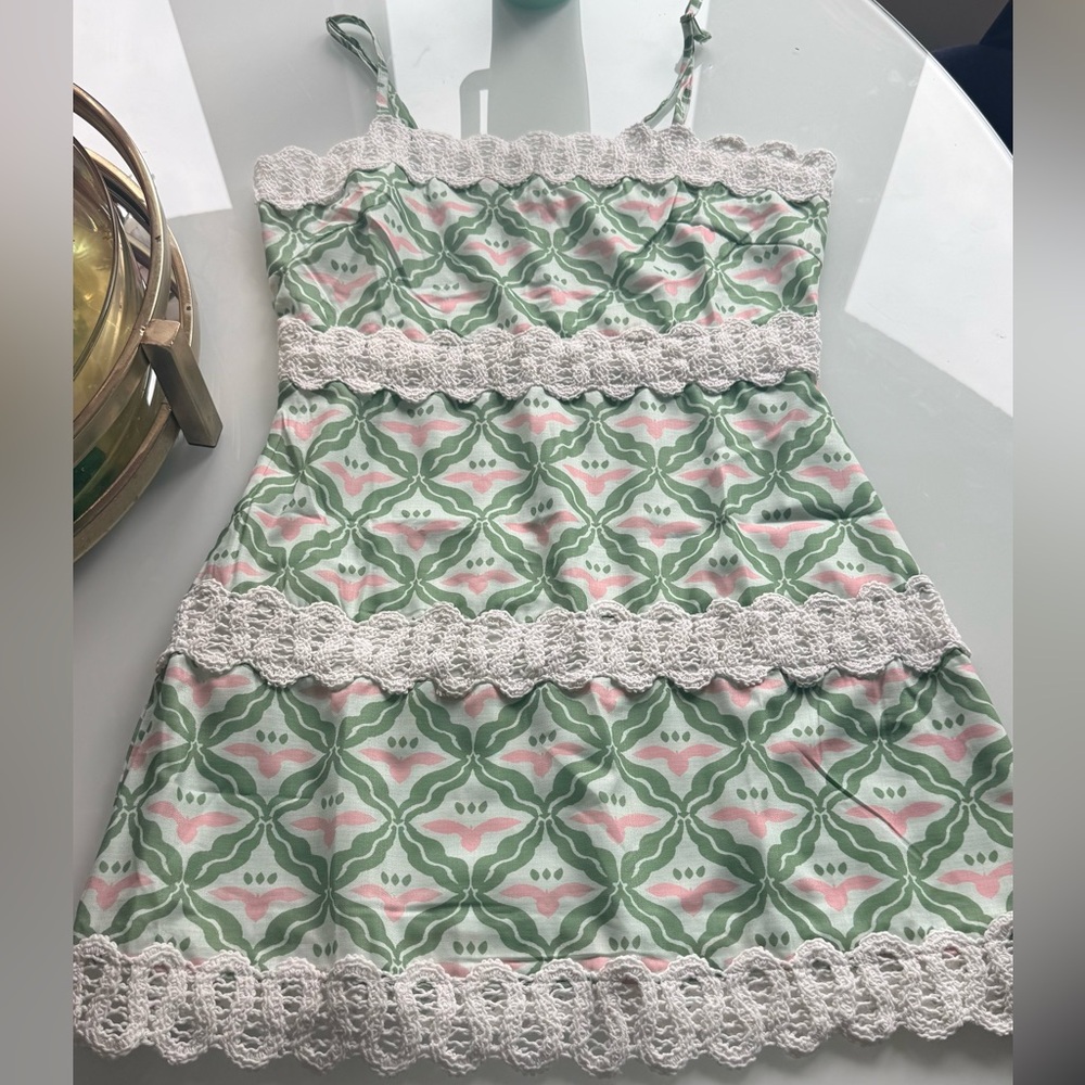 Spaghetti Strap Mini Dress in Mint & Pink with Lace Trim